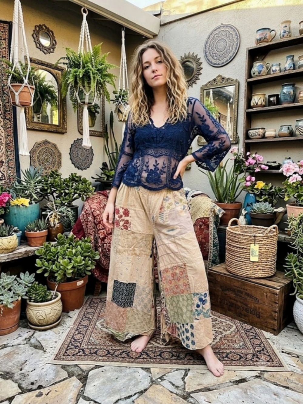 NWT Jaded Gypsy Patchwork Wide Leg Pants Beige & Blue LG/XL